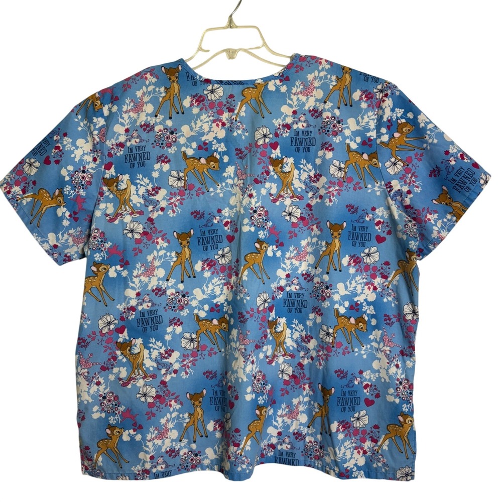 Disney Bambi Scrub Top Womens 2X Turquoise Blue Fawned‎ Of You V-Neck BA17A970